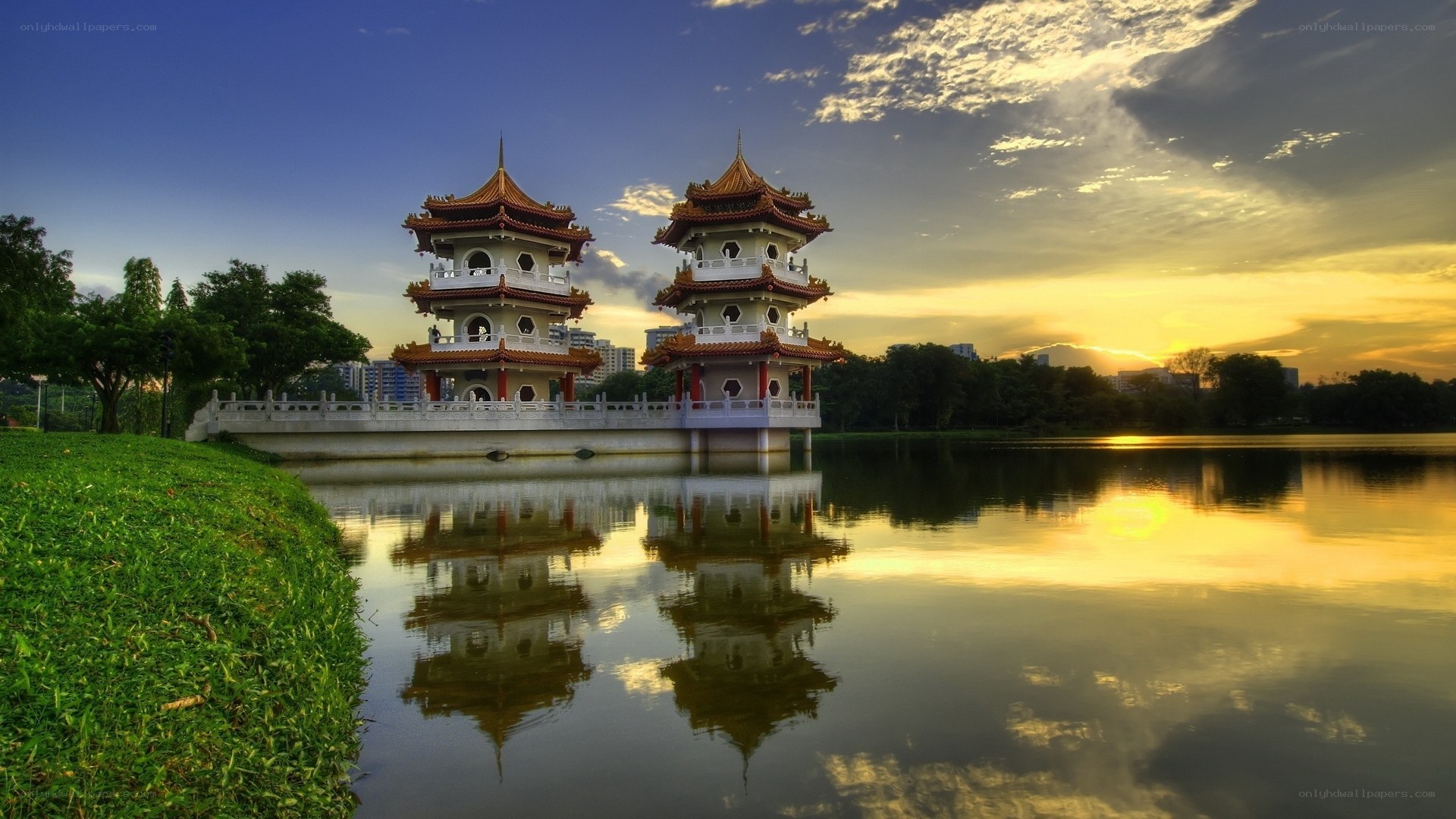 Pavilion at sunset by the lake
