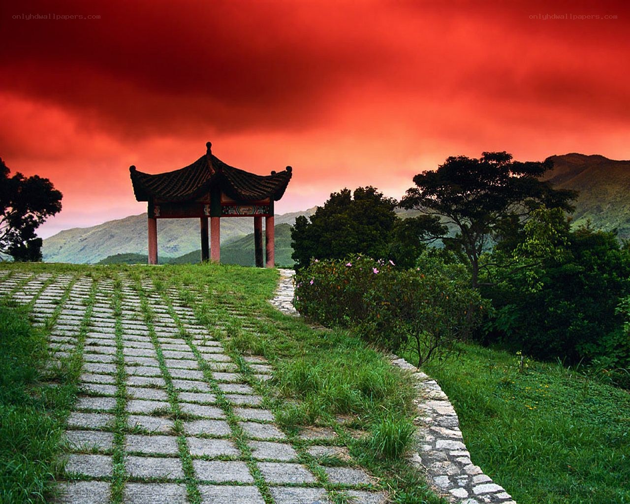 Pavilion at sunset with red sky