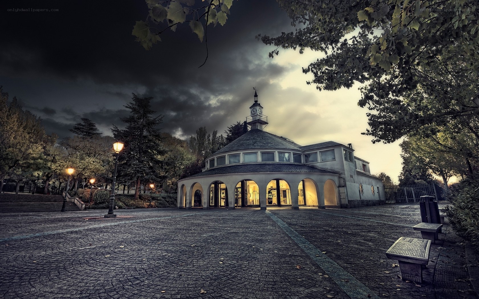 Pavilion in a park at dusk