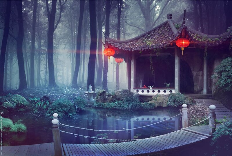 Pavilion in Misty Forest