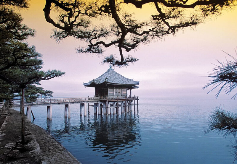 Pavilion on a lake at dawn