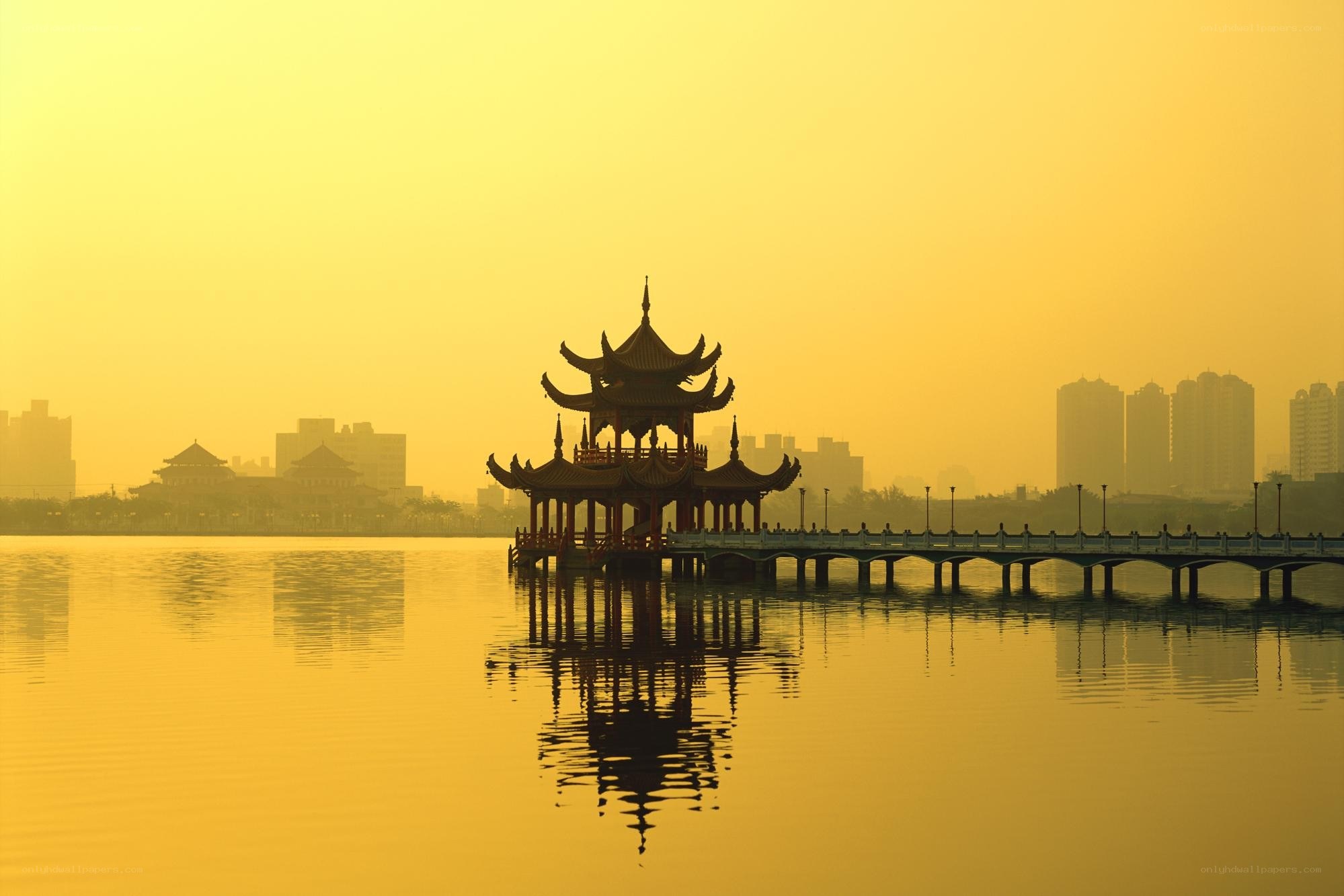 Pavilion on a lake at sunset