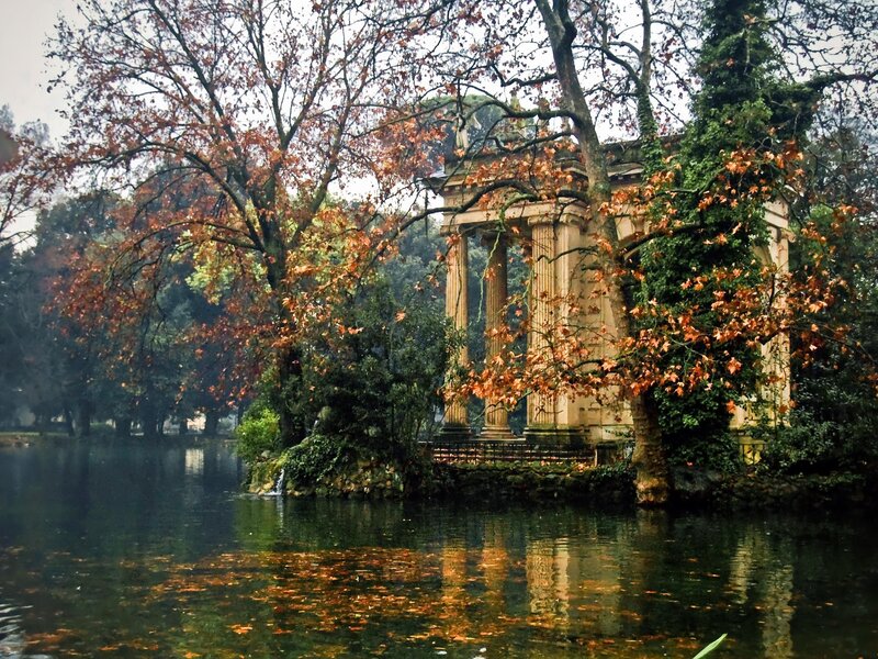 Pavilion on a lake in autumn