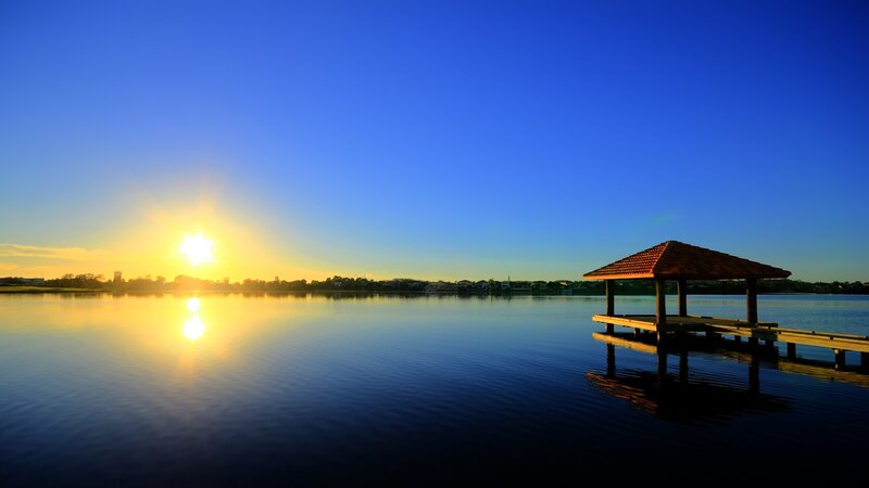 Pavilion on Lake at Sunrise — Blue, Serene, Photograph, Sun, Dock, Yellow