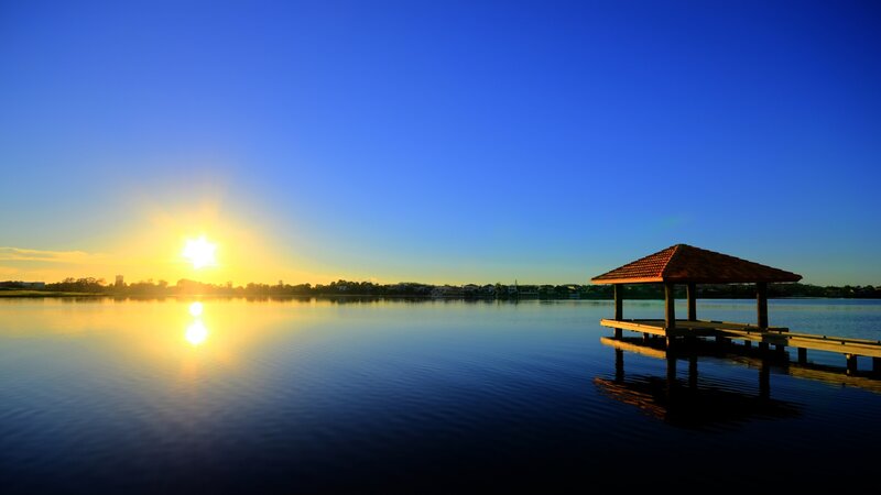 Pavilion on Lake at Sunrise — Blue