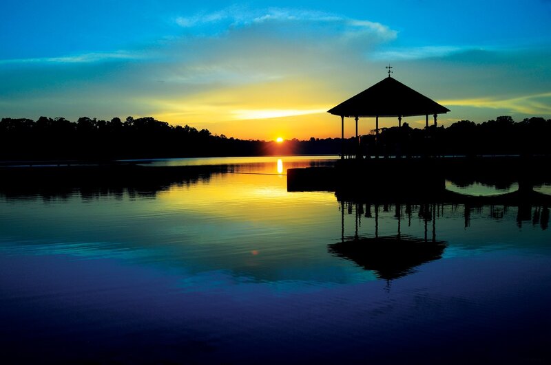 Pavilion on Lake at Sunset — Blue, Serene