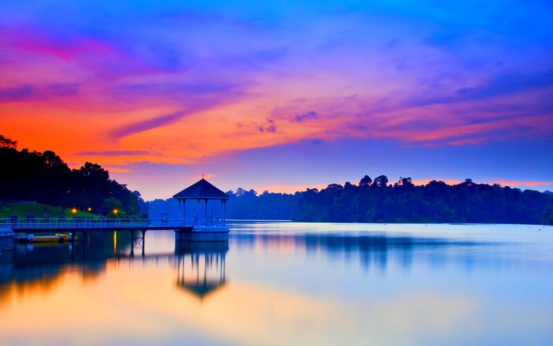 Pavilion on Lake at Sunset — Blue