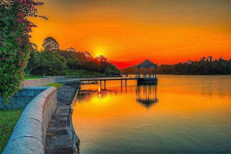 Pavilion on Lake at Sunset — Orange