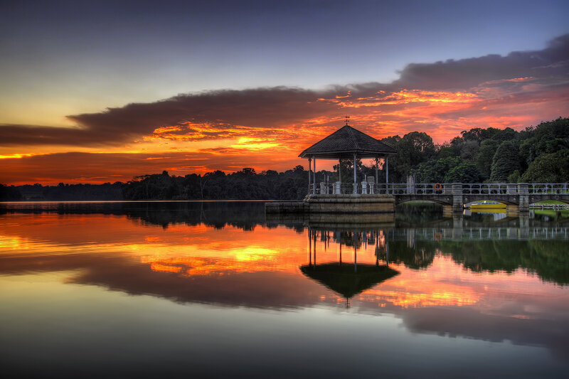 Pavilion on Lake at Sunset