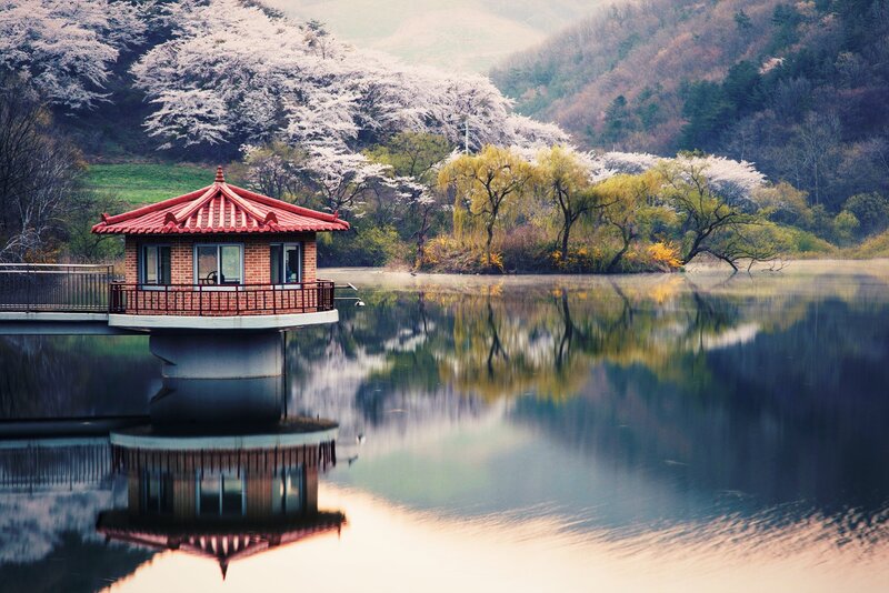 Pavilion on Lake — Blue, Serene, Spring