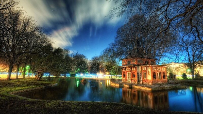 Pavilion on Pond at Night — Blue, Serene