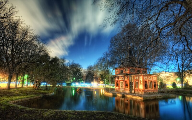 Pavilion on Pond at Night — Blue