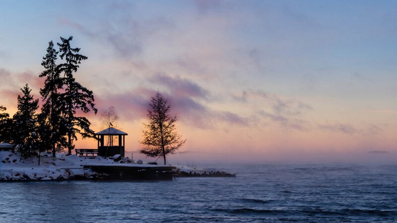 Pavilion on Snowy Shore