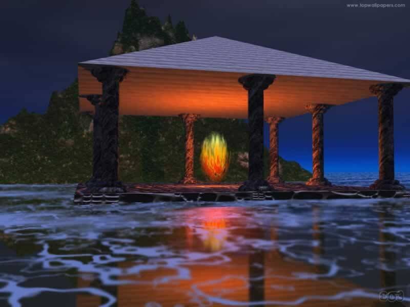 Pavilion over water at night