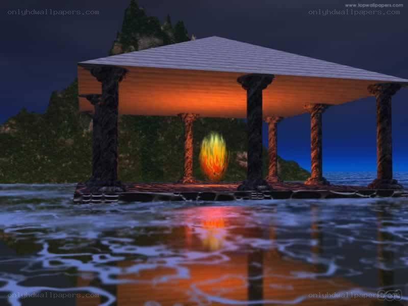 Pavilion over water at night