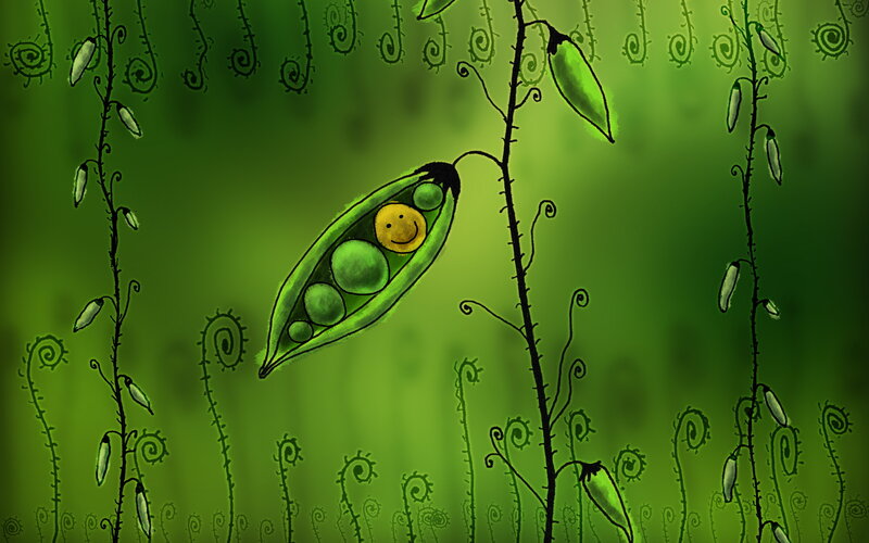 Pea Pod with Smiling Pea — Green, Whimsical