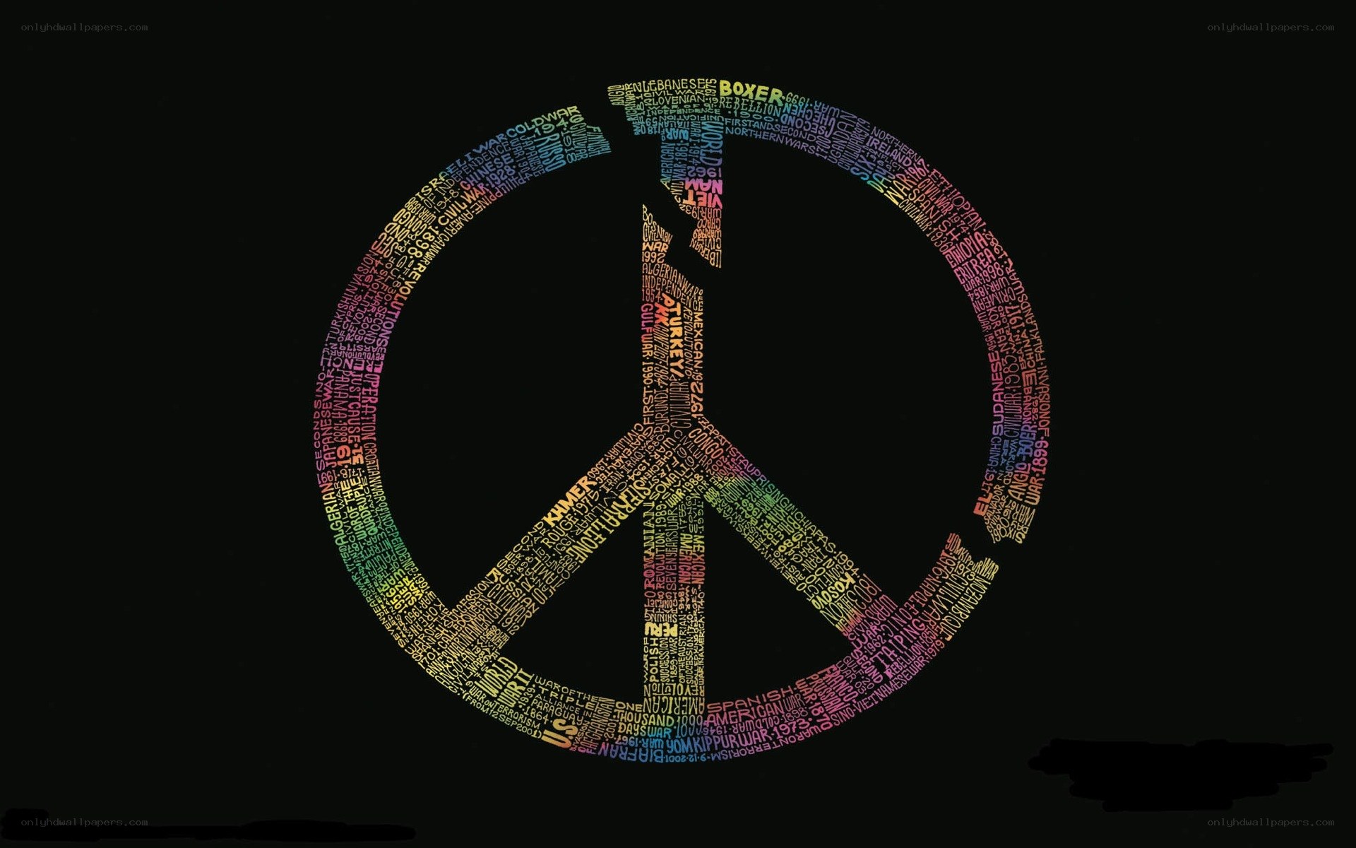 Peace symbol with conflict names