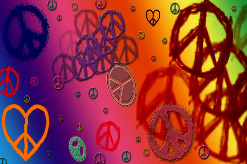 Peace symbols on rainbow background
