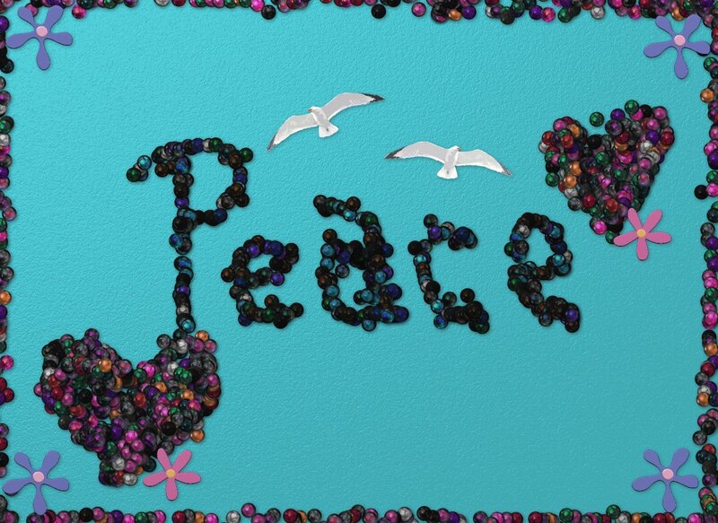 Peace word with beads and birds