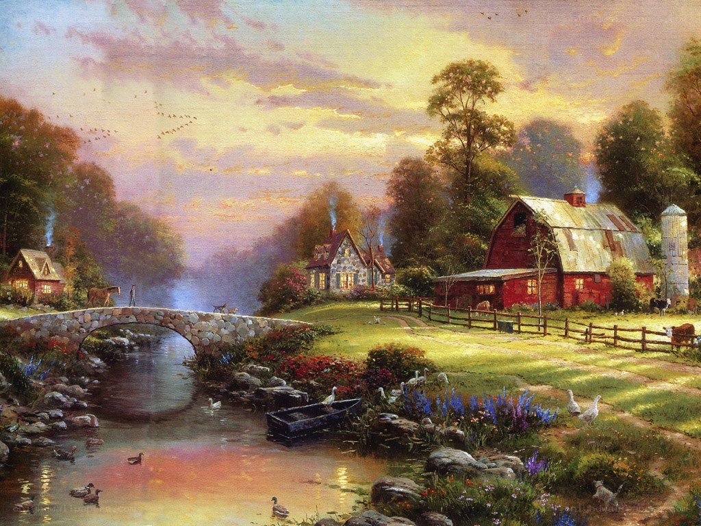 Peaceful farm at sunset
