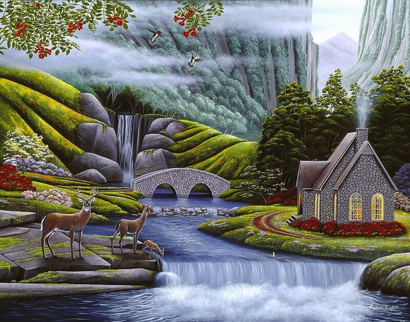 Peaceful forest cottage scene