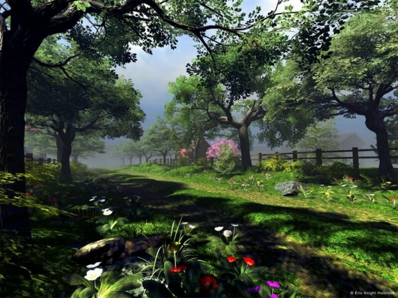 Peaceful forest path with flowers