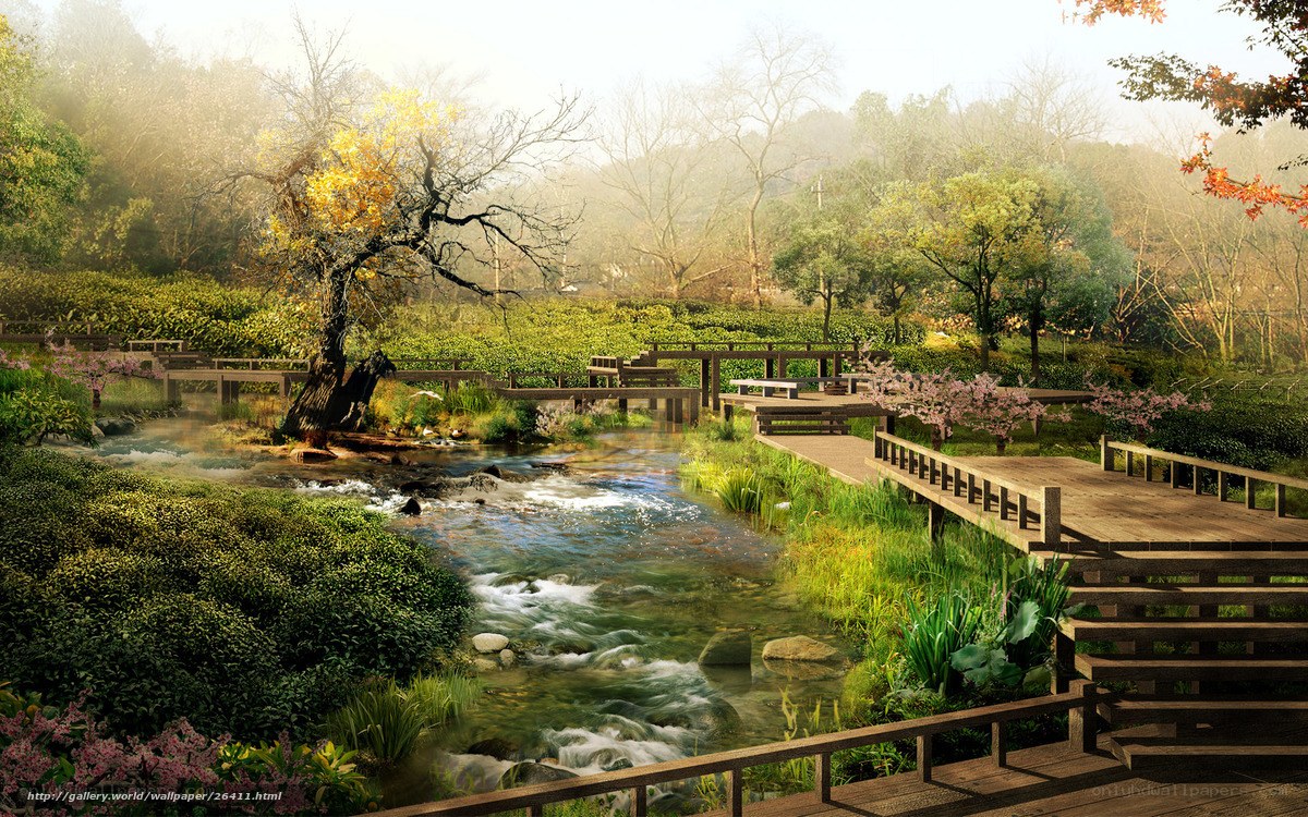 Peaceful garden by the stream