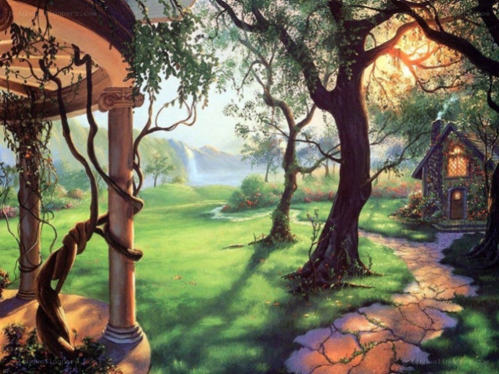 peaceful garden cottage scene