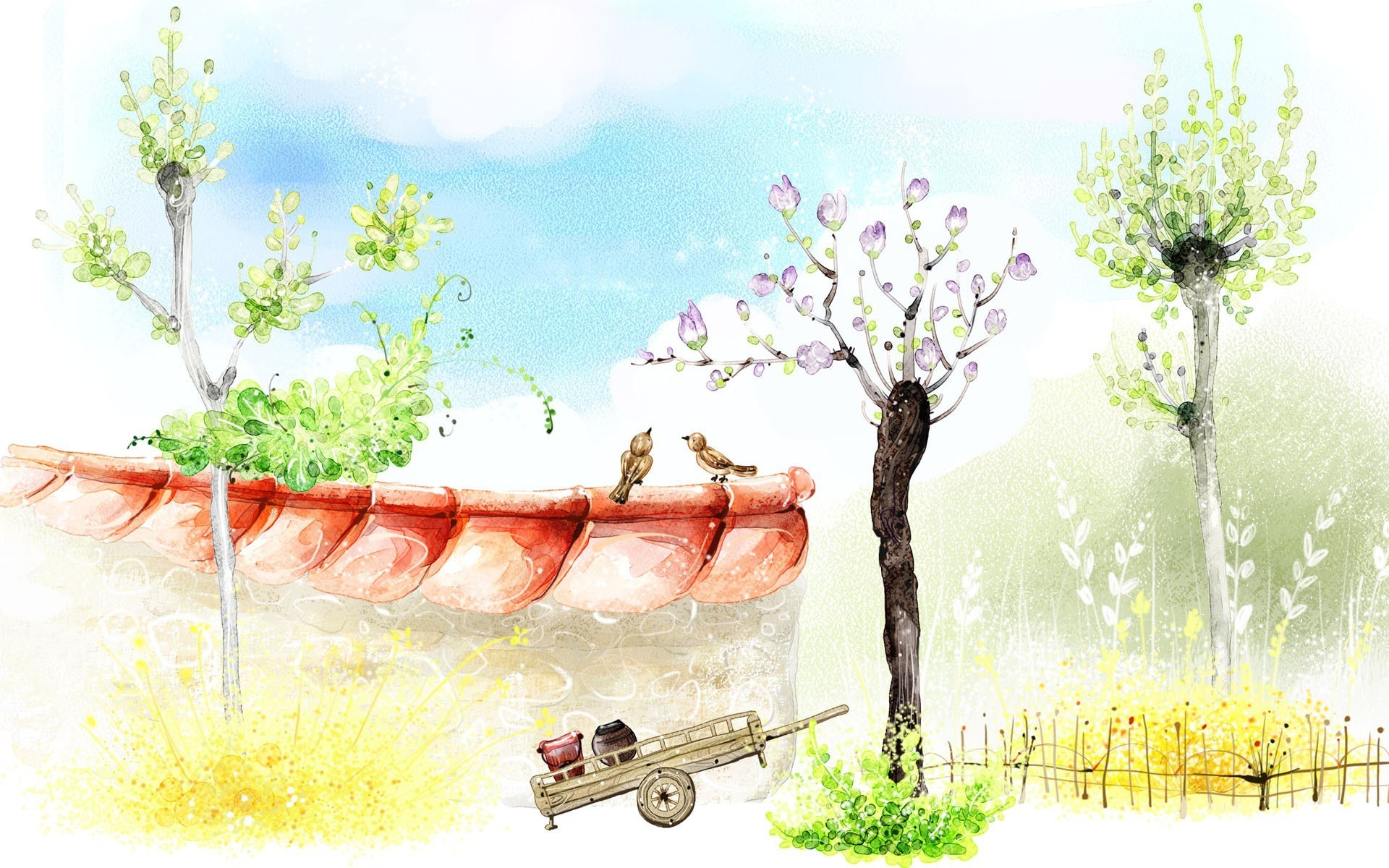 Peaceful garden with birds