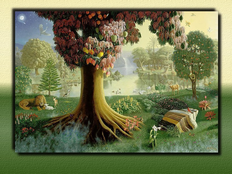 Peaceful garden with diverse animals