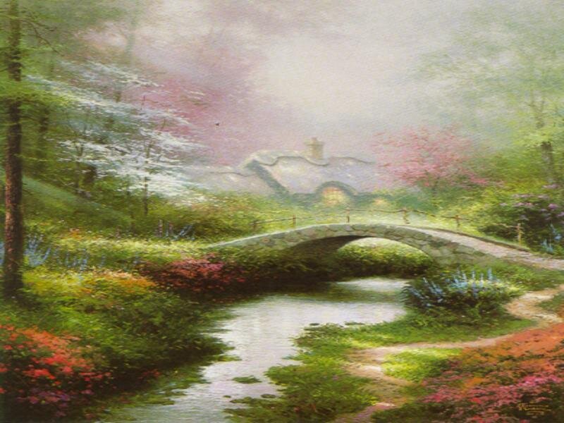 Peaceful garden with stone bridge