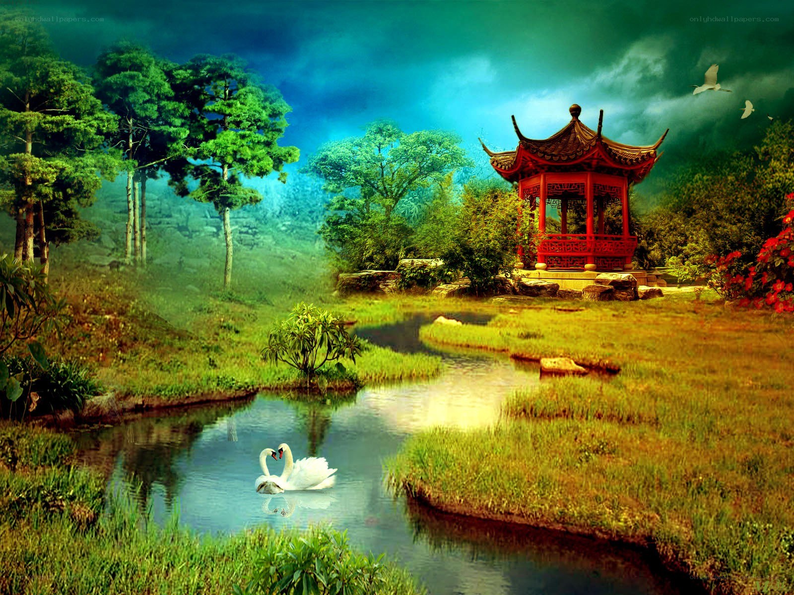 Peaceful garden with swans