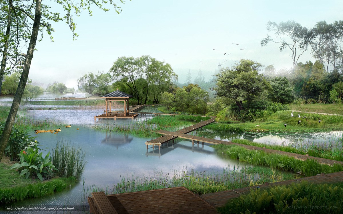 Peaceful lake with wooden pavilion