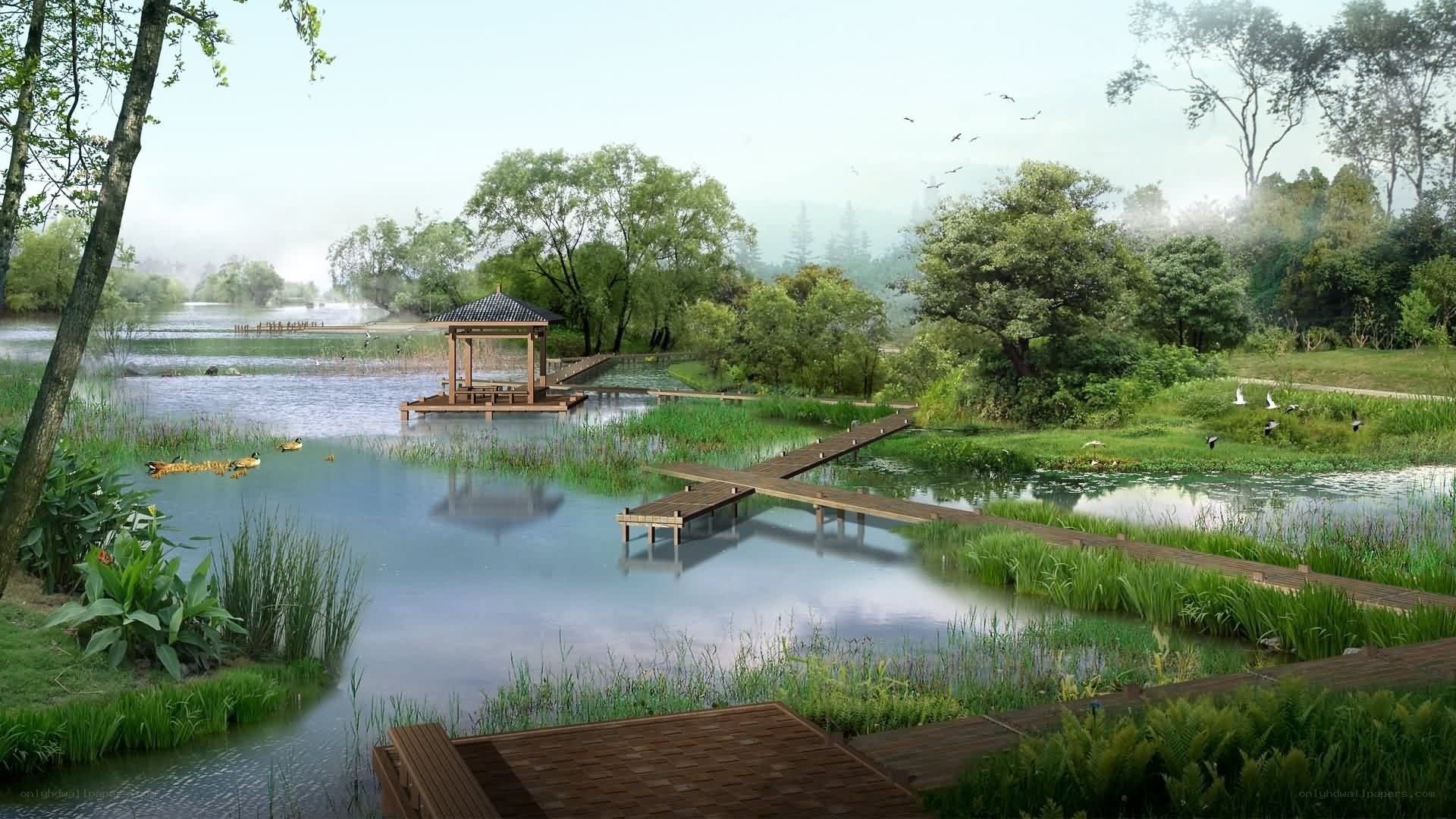 Peaceful lakeside park scene