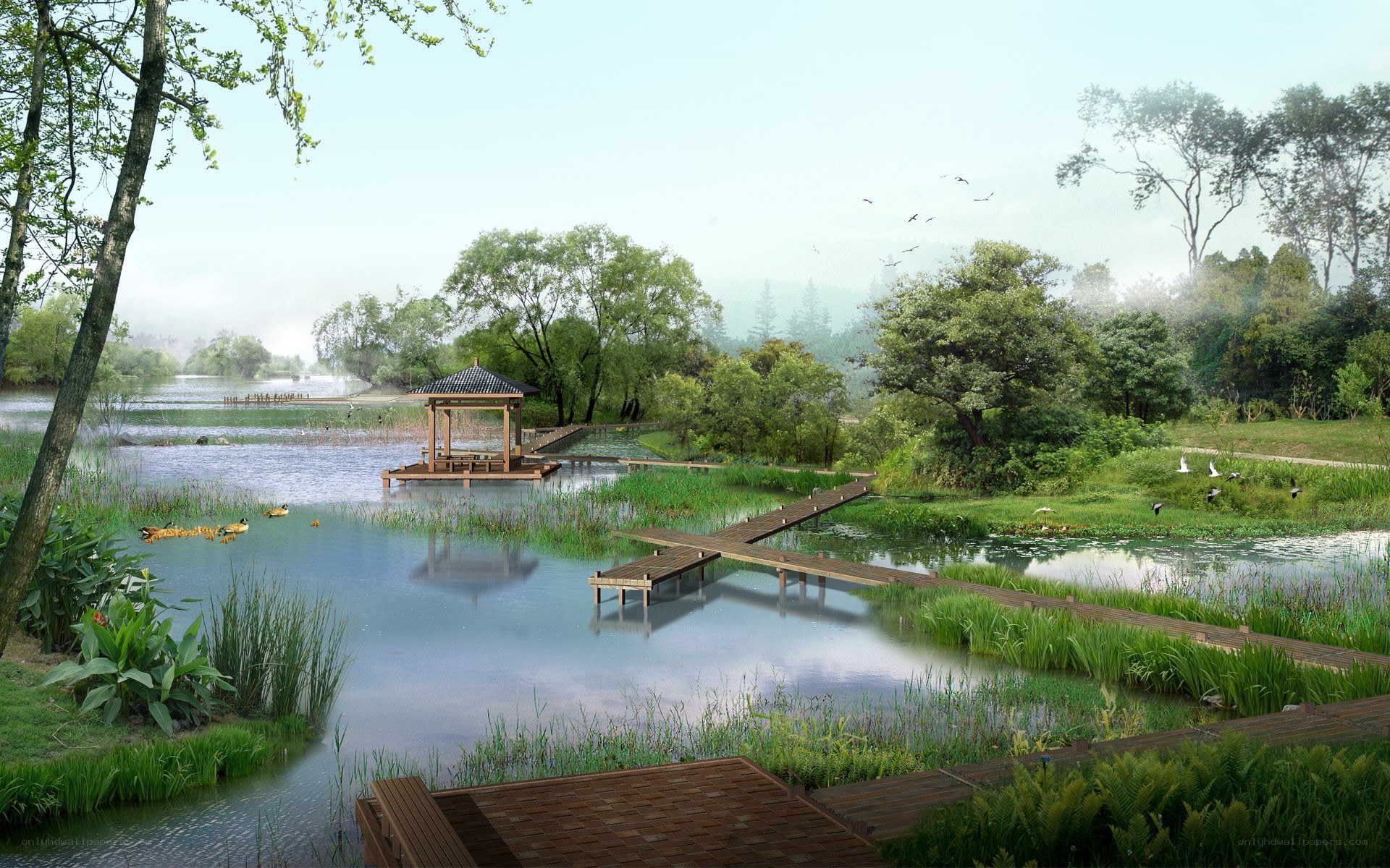 Peaceful lakeside pavilion scene