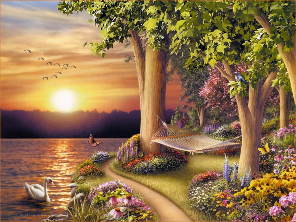 Peaceful lakeside sunset garden