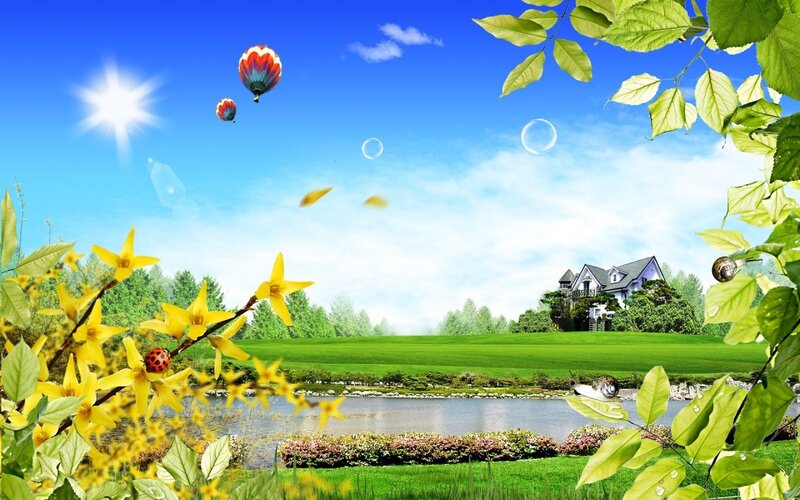 Peaceful landscape with hot air balloons