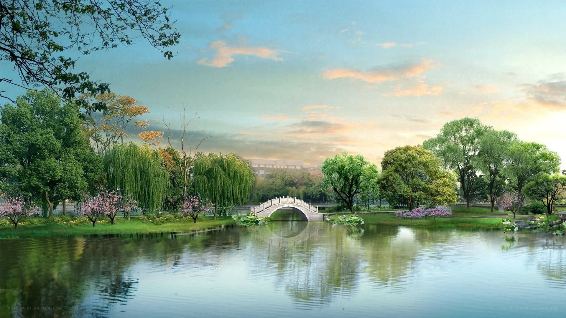 Peaceful park with arched bridge