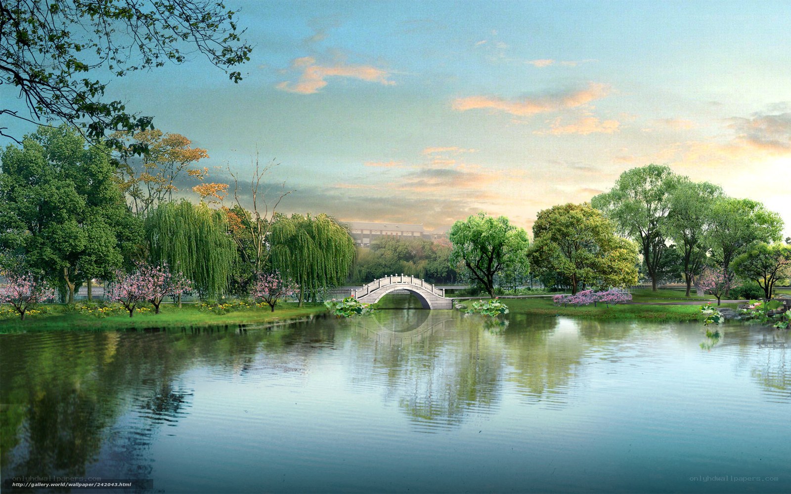 Peaceful park with arched bridge