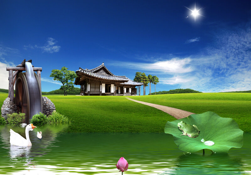 Peaceful pond with traditional house