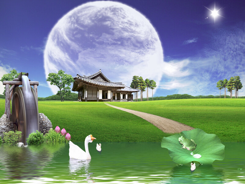 Peaceful pond with traditional house