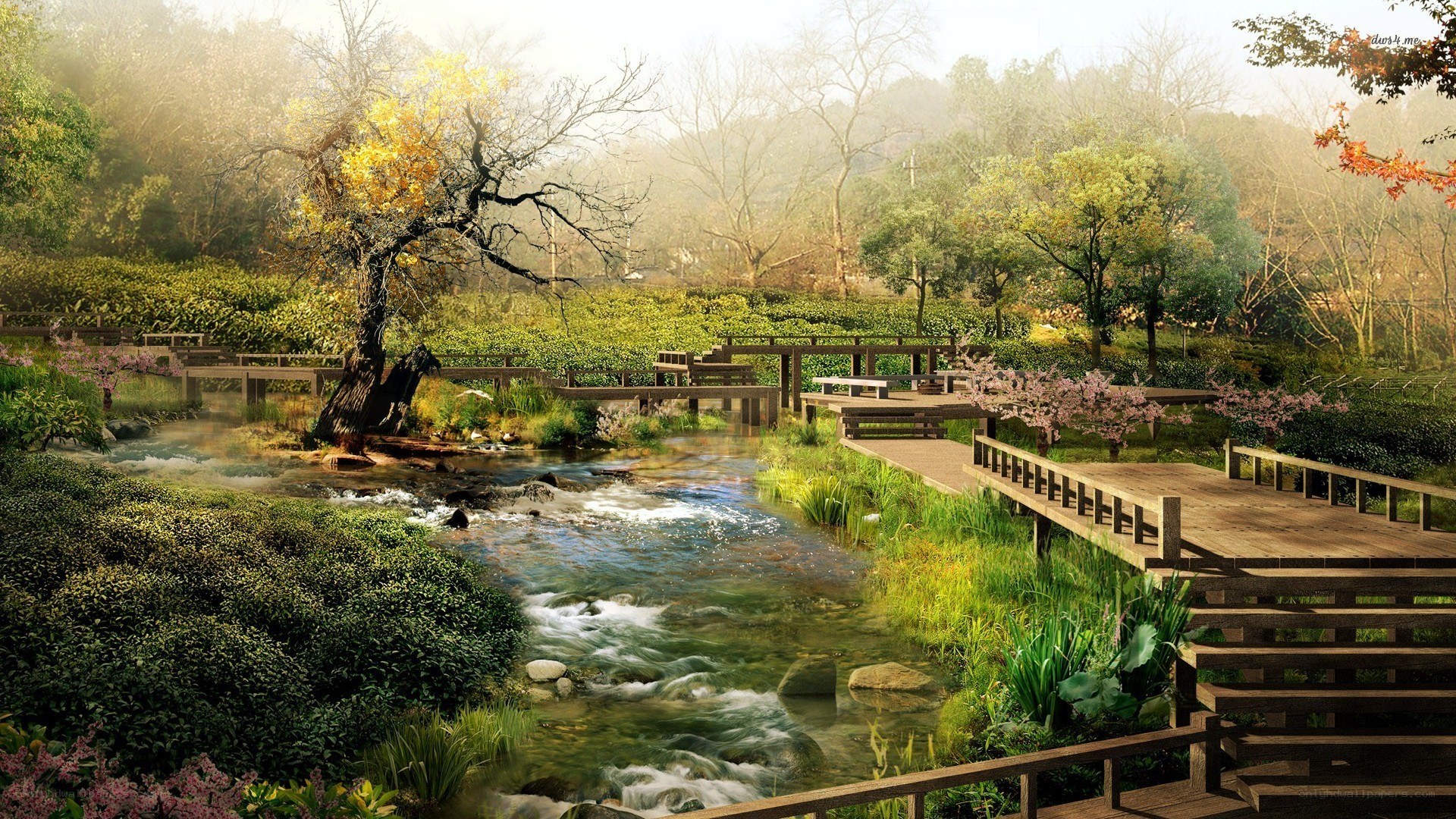 Peaceful river garden scene