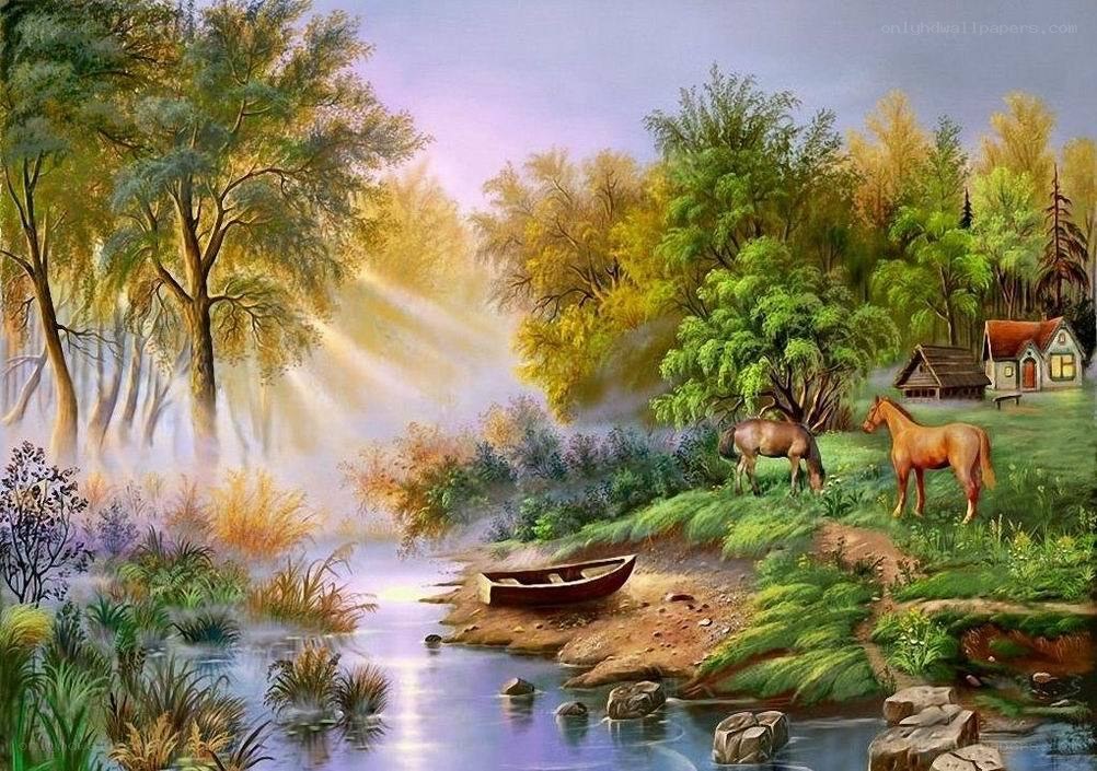 Peaceful river landscape with horses