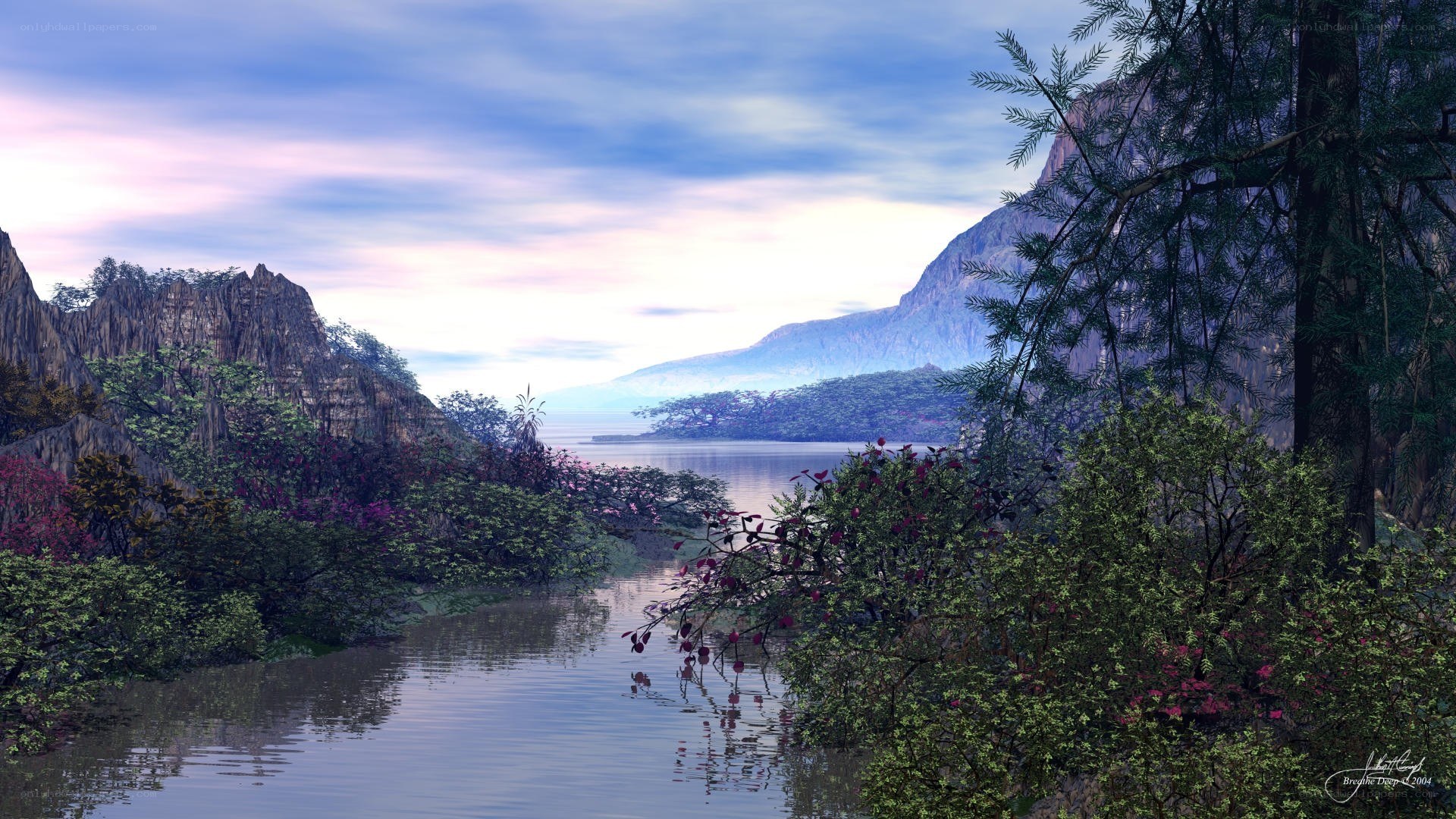 Peaceful river valley at dusk