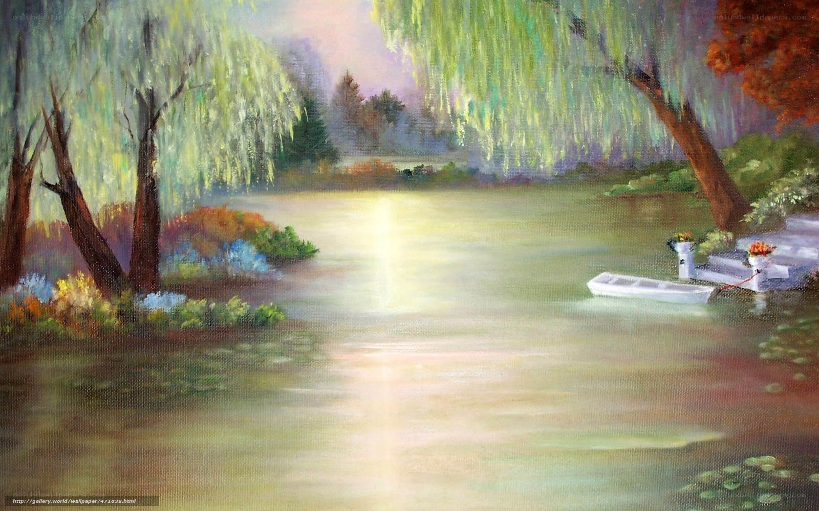 Peaceful river with willow trees