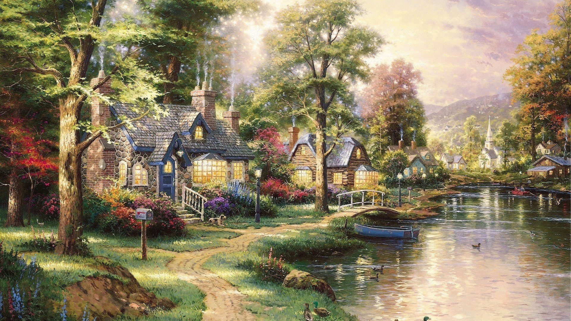 Peaceful riverside village scene