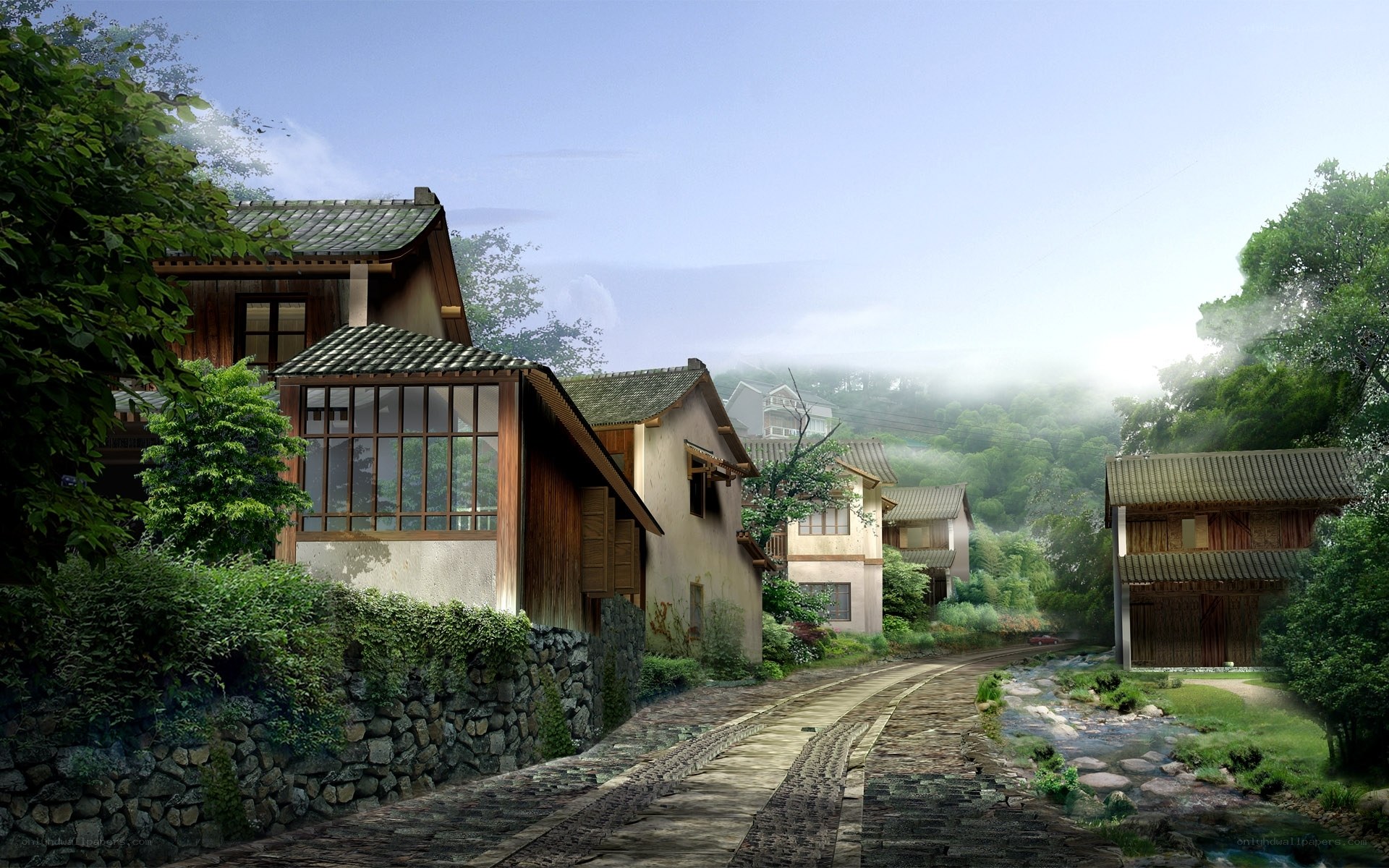 Peaceful village by the stream