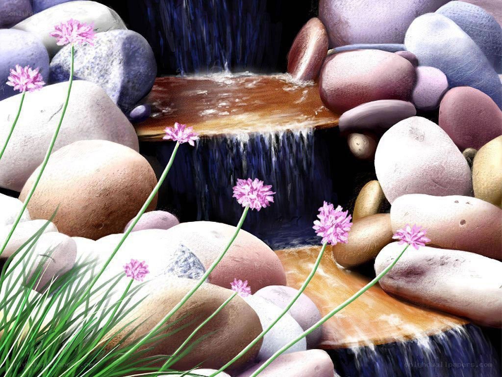 Peaceful waterfall with flowers