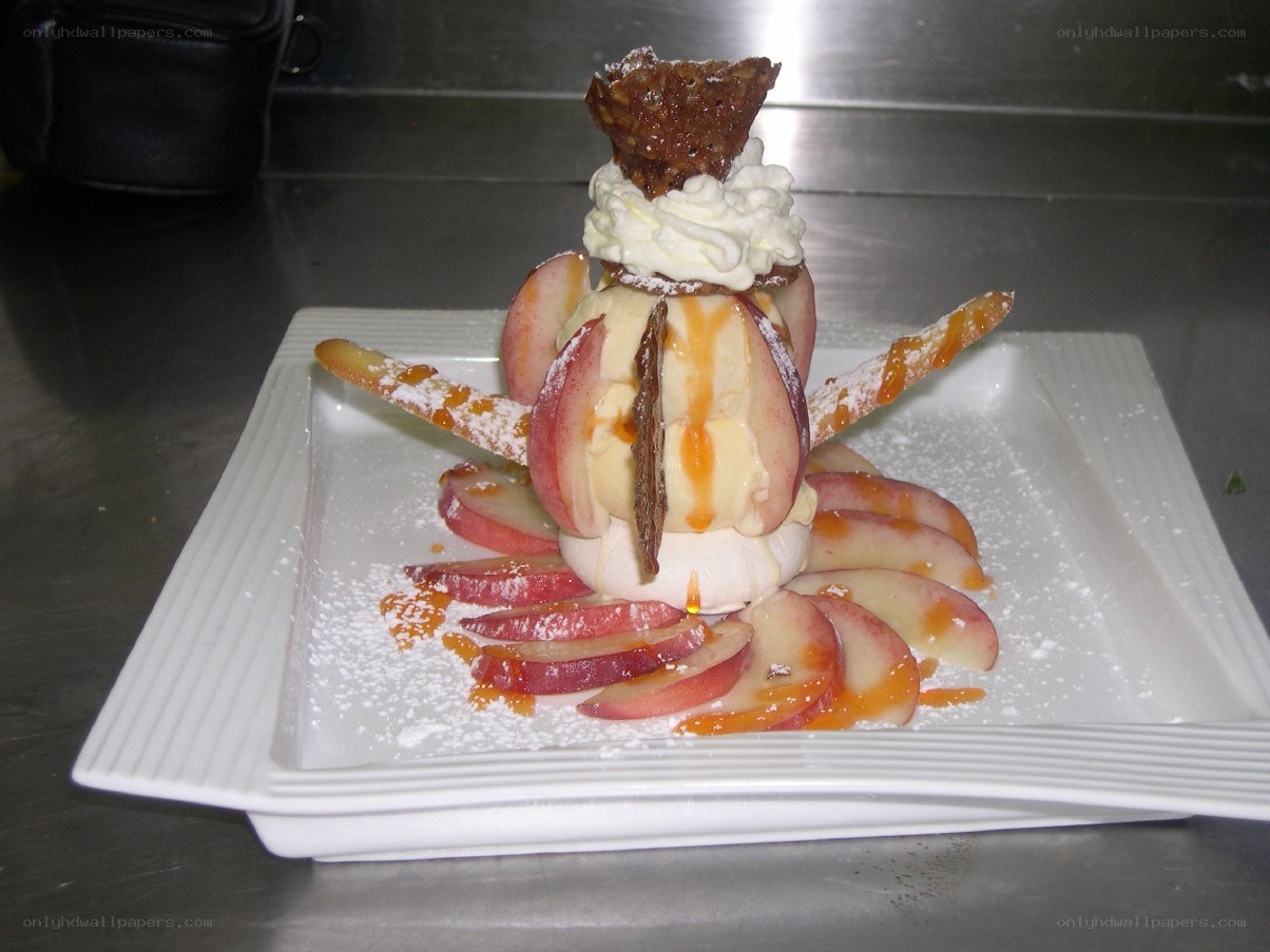 peach dessert with ice cream