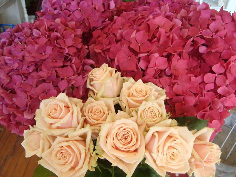 Peach Roses and Hydrangeas